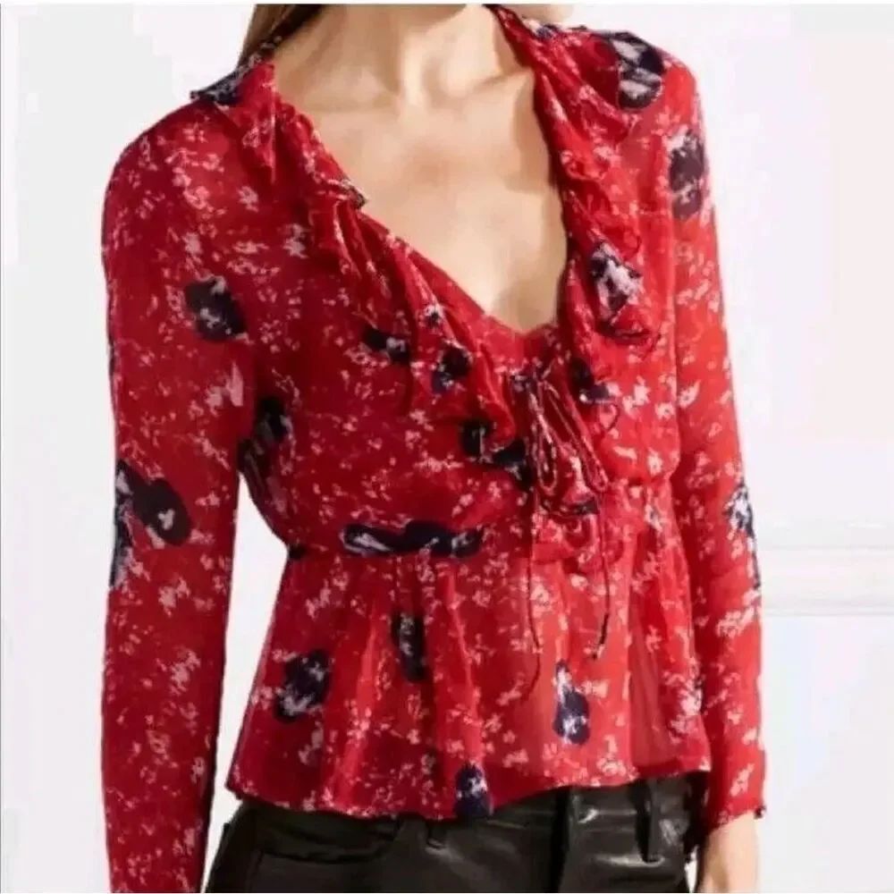 IRO Venecia Floral Motif Ruffle Boho Red Sz 36/4 Blouse